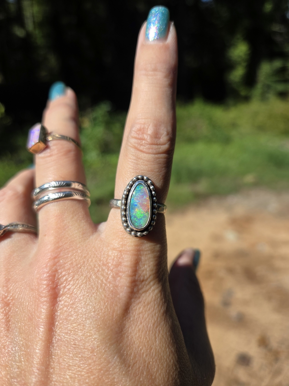 Sterling Silver Opal Oval Ring in Blue-Green